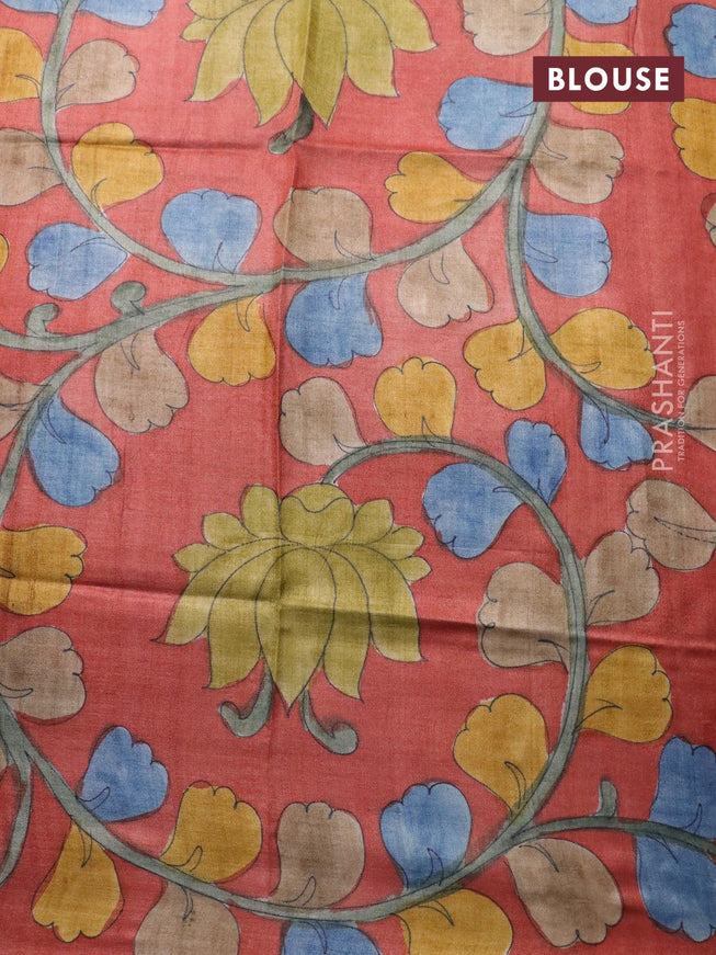 Pure tussar silk saree light blue and rust shade with allover zari checked pattern and zari woven border - kalamkari printed blouse