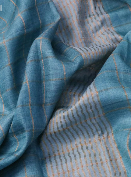 Pure tussar silk saree light blue and rust shade with allover zari checked pattern and zari woven border - kalamkari printed blouse