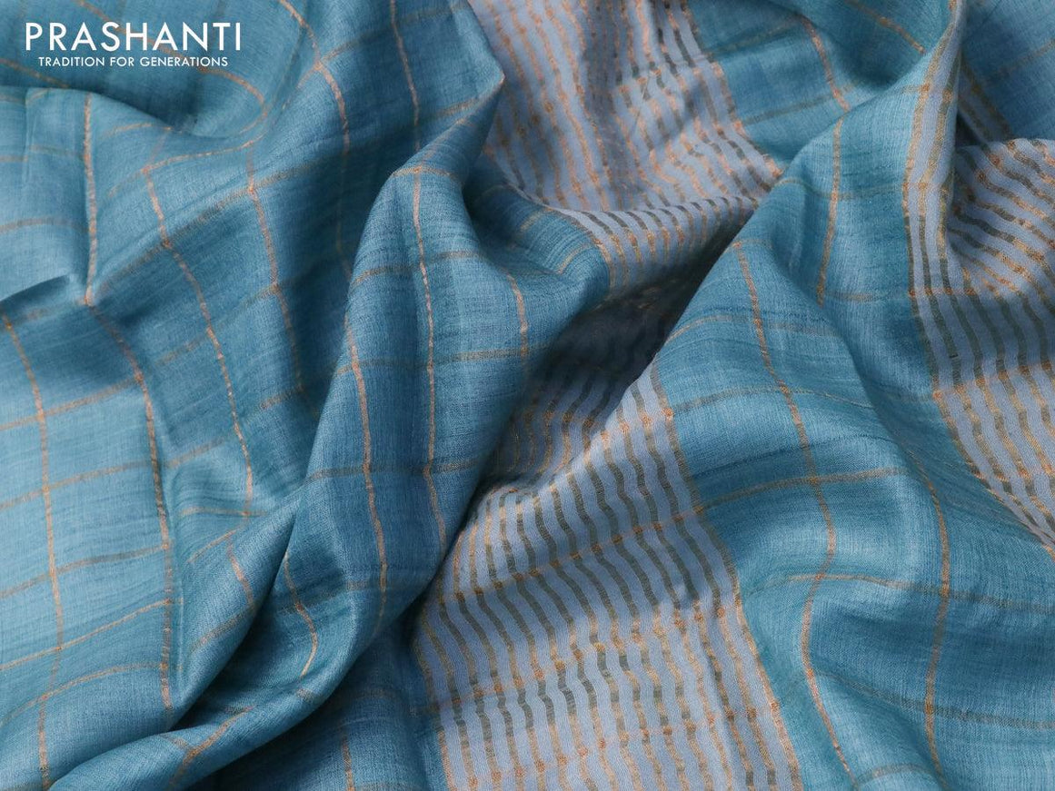 Pure tussar silk saree light blue and rust shade with allover zari checked pattern and zari woven border - kalamkari printed blouse