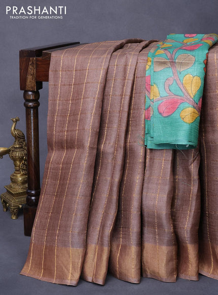 Pure tussar silk saree brown and teal green with allover zari checked pattern and zari woven border - kalamkari printed blouse