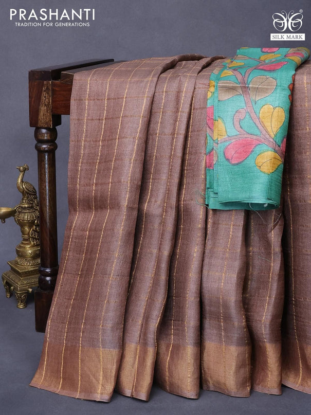 Pure tussar silk saree brown and teal green with allover zari checked pattern and zari woven border - kalamkari printed blouse