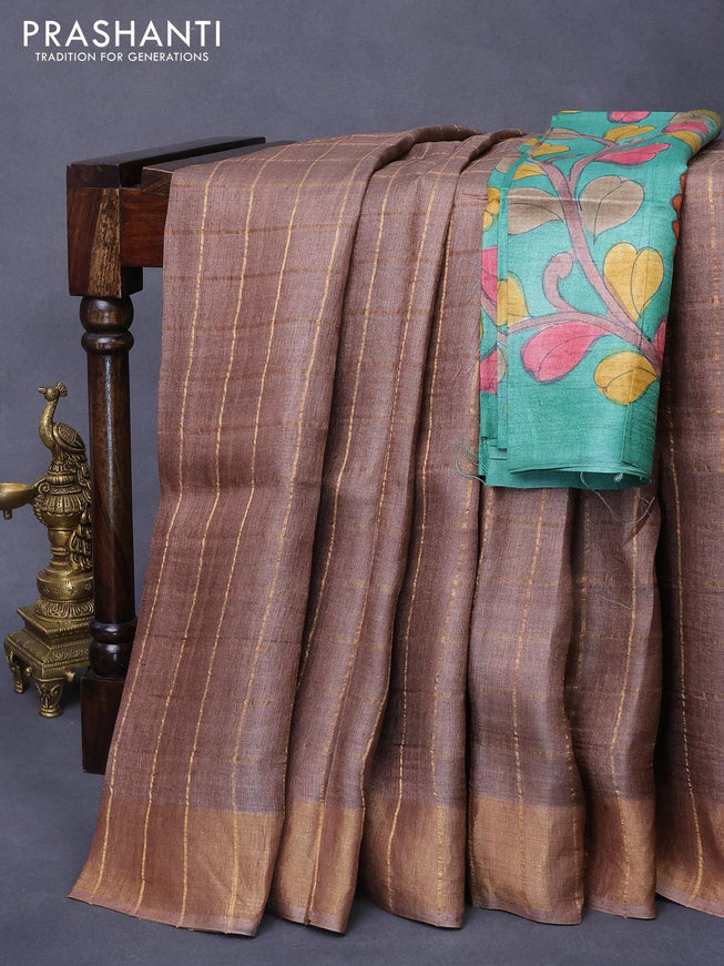 Pure tussar silk saree brown and teal green with allover zari checked pattern and zari woven border - kalamkari printed blouse