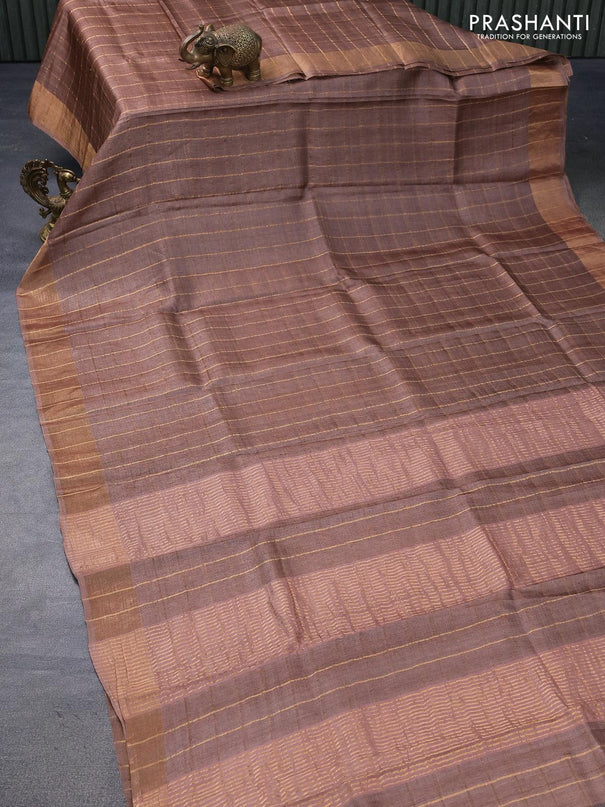 Pure tussar silk saree brown and teal green with allover zari checked pattern and zari woven border - kalamkari printed blouse