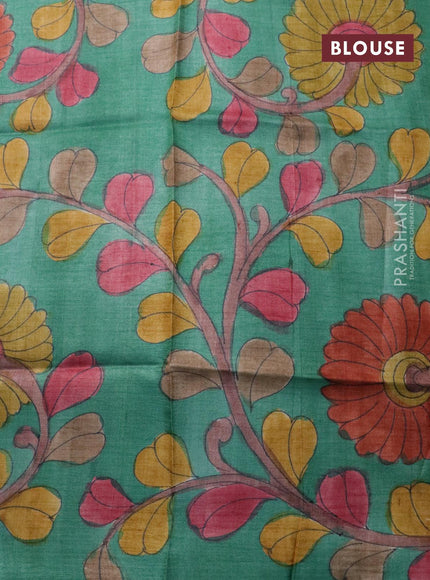 Pure tussar silk saree brown and teal green with allover zari checked pattern and zari woven border - kalamkari printed blouse