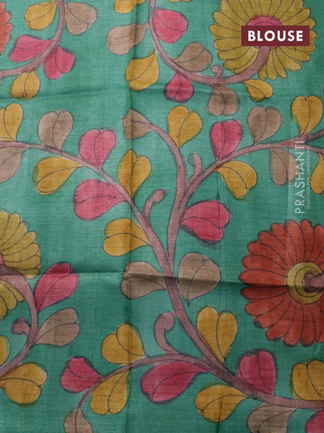 Pure tussar silk saree brown and teal green with allover zari checked pattern and zari woven border - kalamkari printed blouse