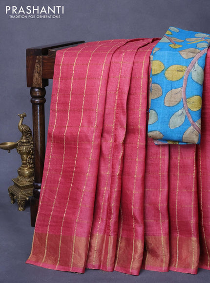 Pure tussar silk saree pink shade and cs blue with allover zari checked pattern and zari woven border - kalamkari printed blouse