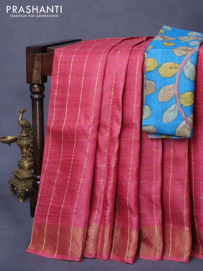 Pure tussar silk saree pink shade and cs blue with allover zari checked pattern and zari woven border - kalamkari printed blouse