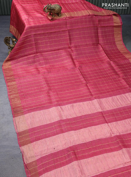 Pure tussar silk saree pink shade and cs blue with allover zari checked pattern and zari woven border - kalamkari printed blouse