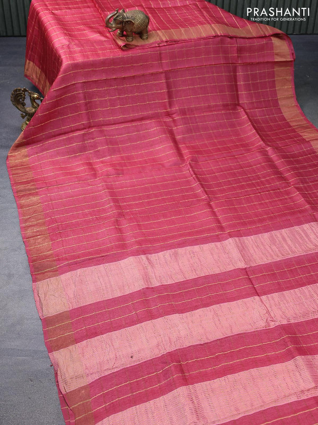 Pure tussar silk saree pink shade and cs blue with allover zari checked pattern and zari woven border - kalamkari printed blouse