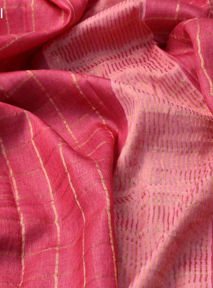 Pure tussar silk saree pink shade and cs blue with allover zari checked pattern and zari woven border - kalamkari printed blouse