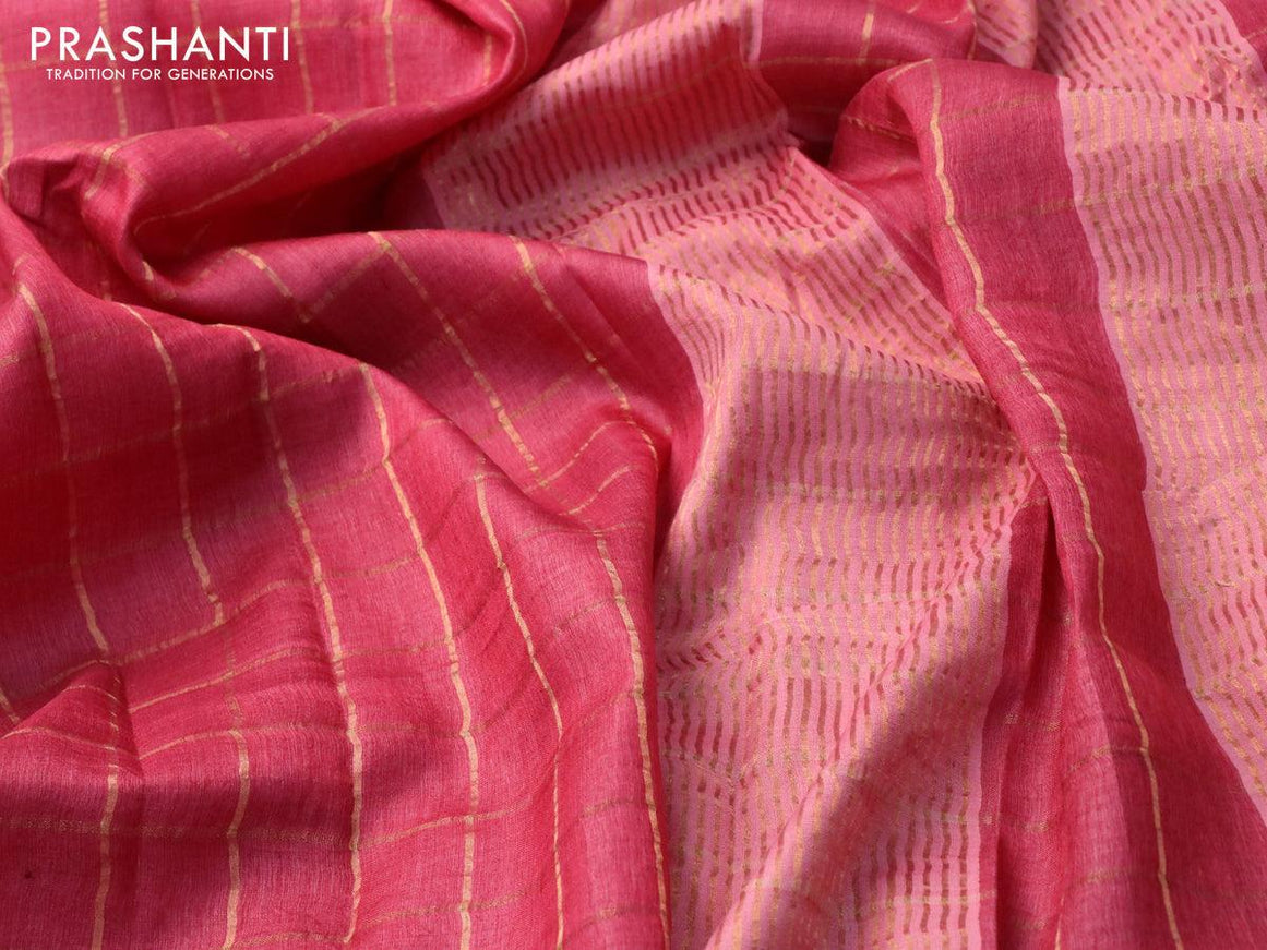 Pure tussar silk saree pink shade and cs blue with allover zari checked pattern and zari woven border - kalamkari printed blouse