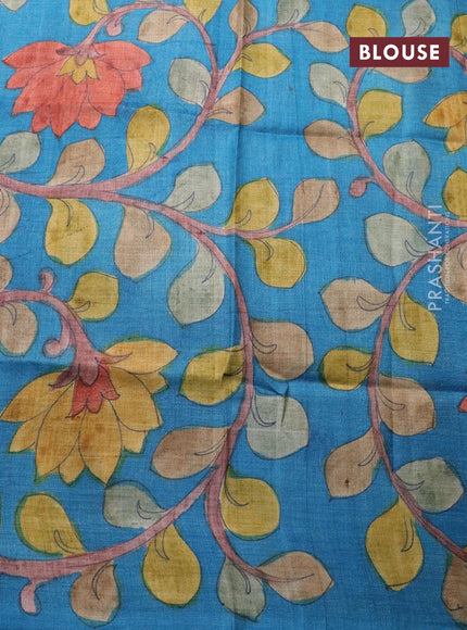 Pure tussar silk saree pink shade and cs blue with allover zari checked pattern and zari woven border - kalamkari printed blouse