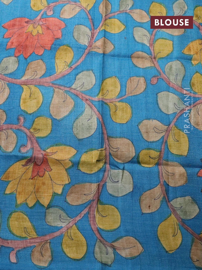 Pure tussar silk saree pink shade and cs blue with allover zari checked pattern and zari woven border - kalamkari printed blouse