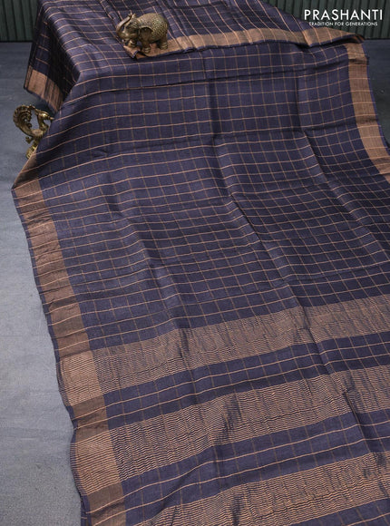 Pure tussar silk saree black and cs blue with allover zari checked pattern and zari woven border - kalamkari printed blouse