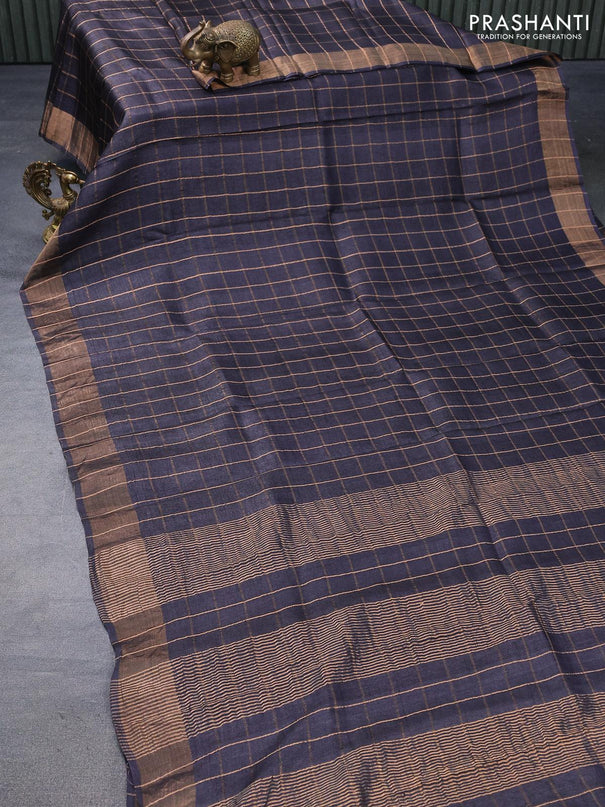 Pure tussar silk saree black and cs blue with allover zari checked pattern and zari woven border - kalamkari printed blouse