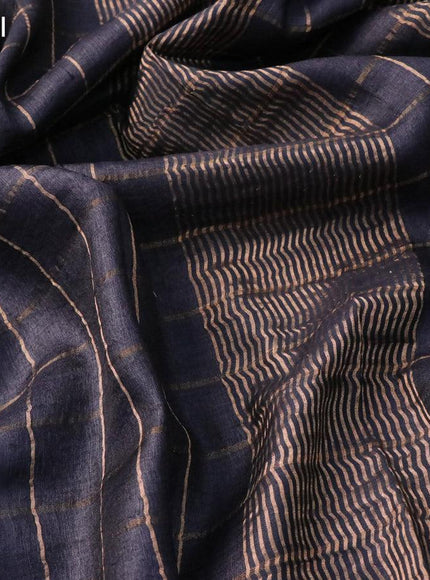 Pure tussar silk saree black and cs blue with allover zari checked pattern and zari woven border - kalamkari printed blouse