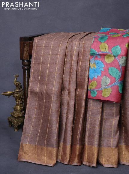 Pure tussar silk saree brown and maroon shade with allover zari checked pattern and zari woven border - kalamkari printed blouse