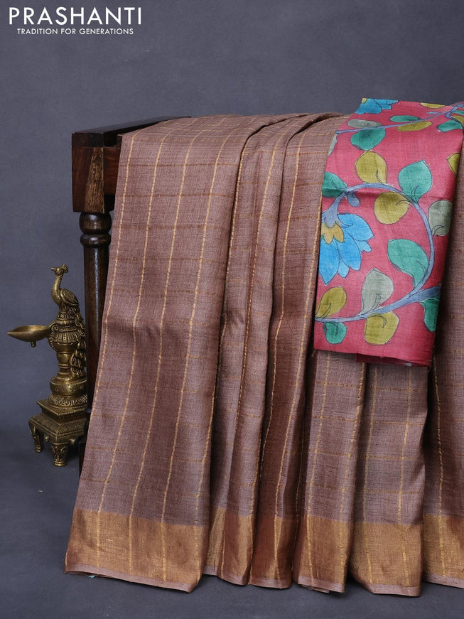 Pure tussar silk saree brown and maroon shade with allover zari checked pattern and zari woven border - kalamkari printed blouse