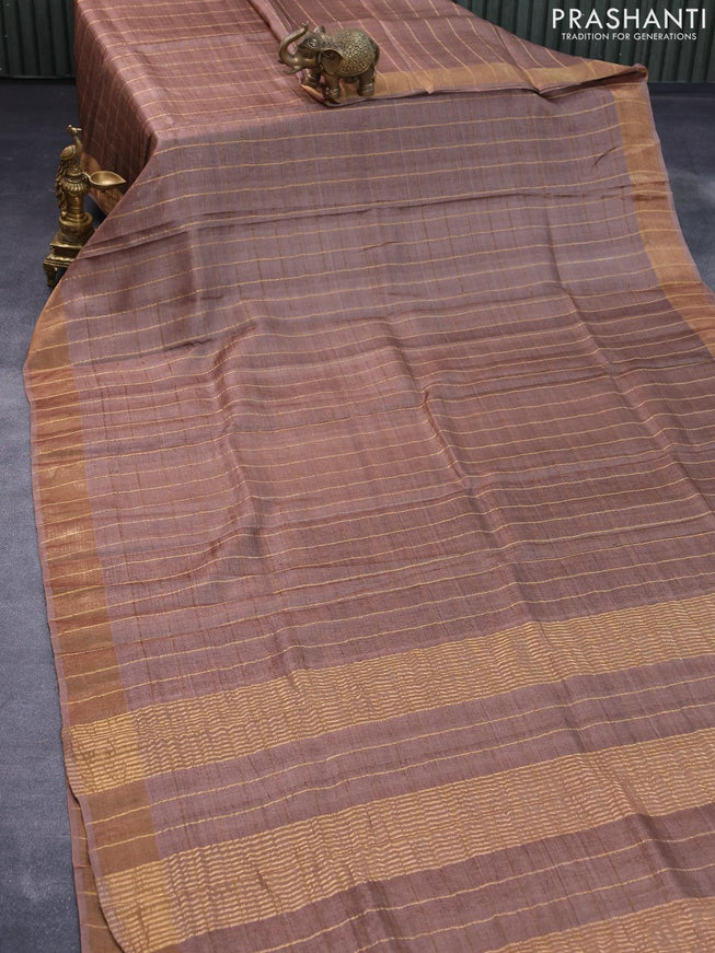 Pure tussar silk saree brown and maroon shade with allover zari checked pattern and zari woven border - kalamkari printed blouse