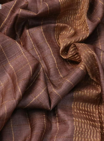 Pure tussar silk saree brown and maroon shade with allover zari checked pattern and zari woven border - kalamkari printed blouse