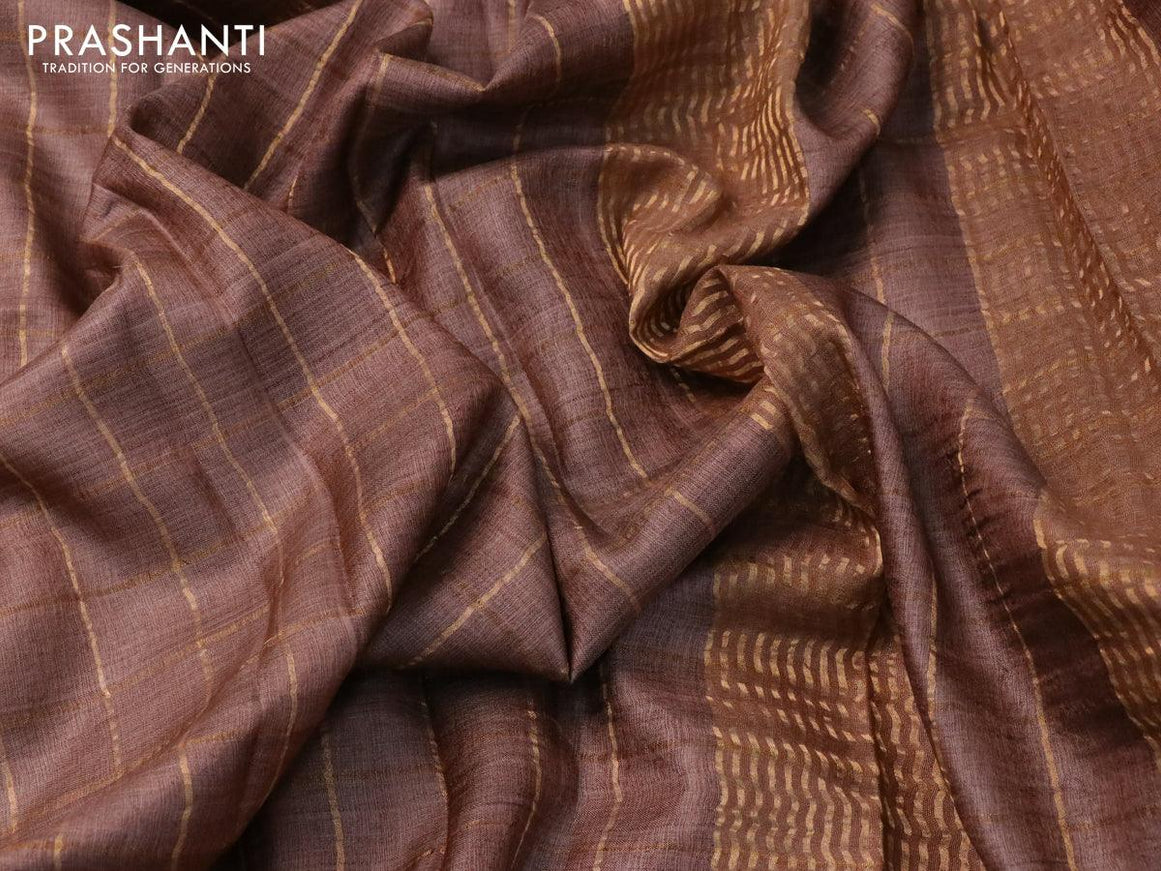 Pure tussar silk saree brown and maroon shade with allover zari checked pattern and zari woven border - kalamkari printed blouse