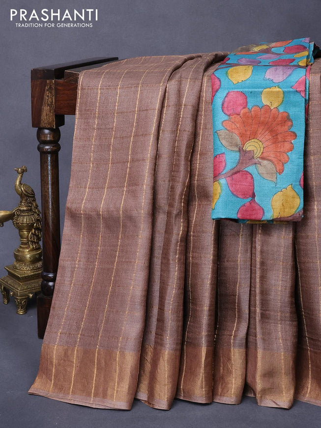 Pure tussar silk saree brown and teal blue with allover zari checked pattern and zari woven border - kalamkari printed blouse