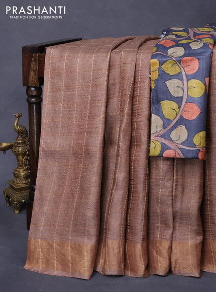 Pure tussar silk saree brown and elephant grey with allover zari checked pattern and zari woven border - kalamkari printed blouse