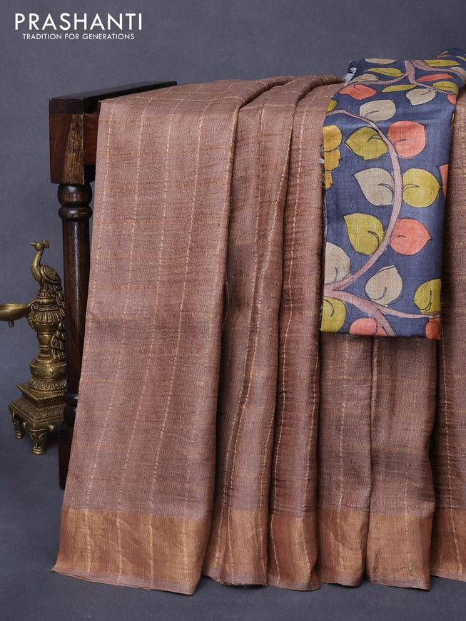 Pure tussar silk saree brown and elephant grey with allover zari checked pattern and zari woven border - kalamkari printed blouse