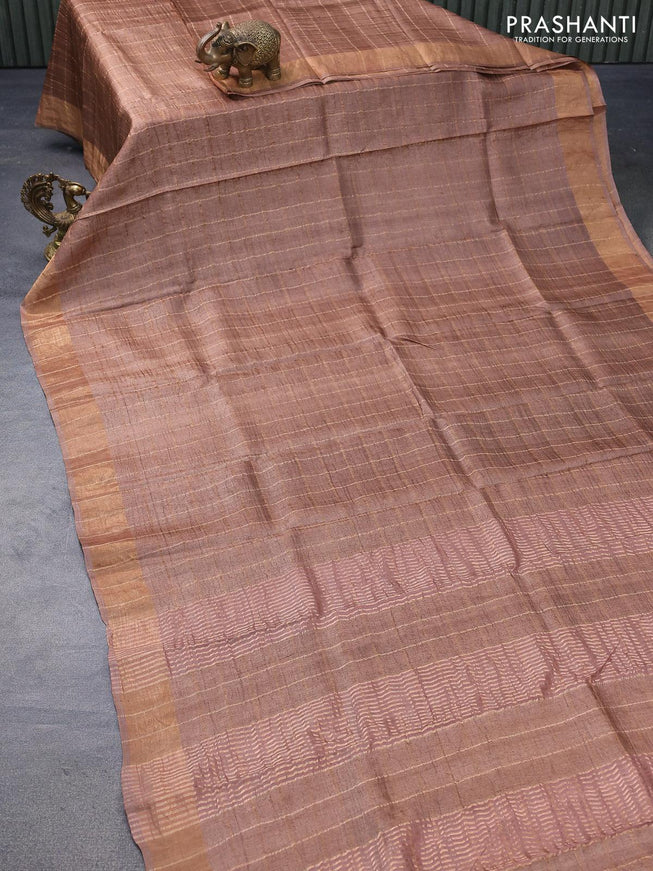 Pure tussar silk saree brown and elephant grey with allover zari checked pattern and zari woven border - kalamkari printed blouse