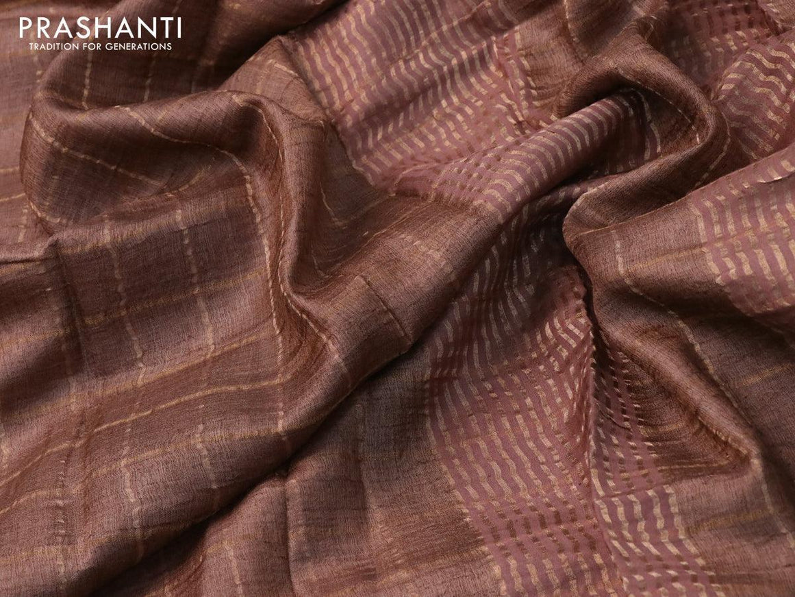 Pure tussar silk saree brown and elephant grey with allover zari checked pattern and zari woven border - kalamkari printed blouse