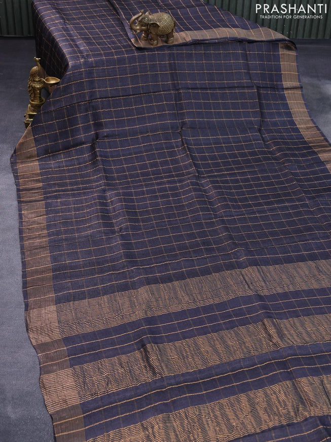 Pure tussar silk saree black and maroon shade with allover zari checked pattern and zari woven border - kalamkari printed blouse