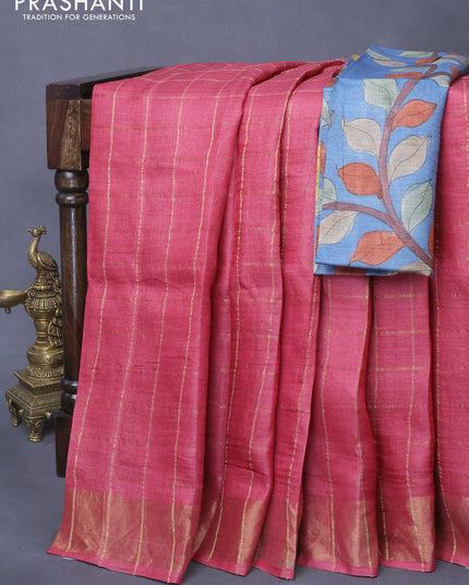 Pure tussar silk saree pink shade and grey with allover zari checked pattern and zari woven border - kalamkari printed blouse