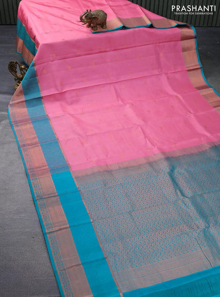 Pure kanjivaram silk saree light pink and teal green with zari woven buttas and thread & copper zari woven border