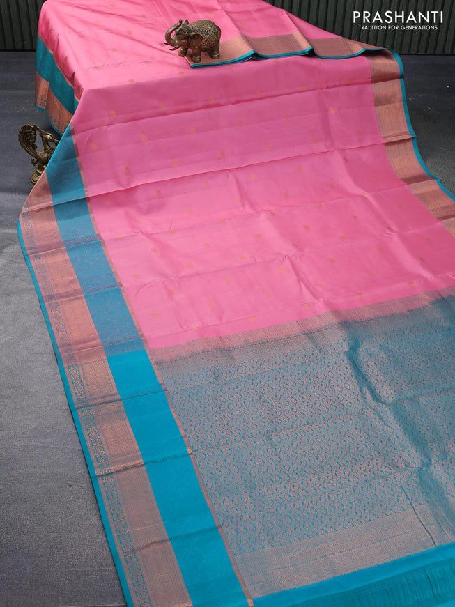 Pure kanjivaram silk saree light pink and teal green with zari woven buttas and thread & copper zari woven border