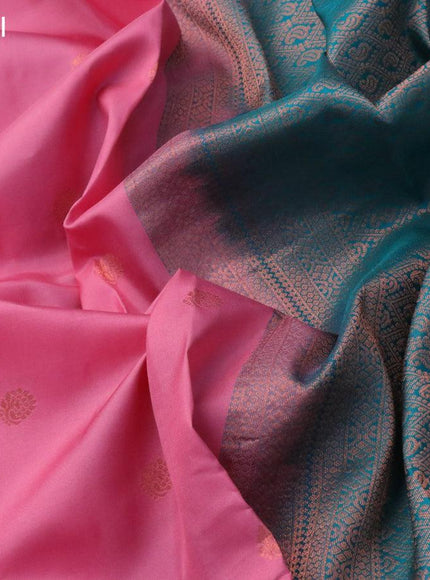 Pure kanjivaram silk saree light pink and teal green with zari woven buttas and thread & copper zari woven border