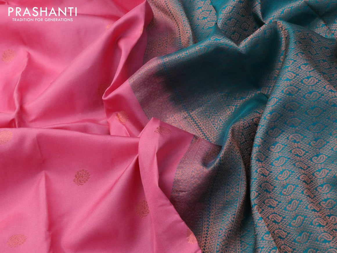 Pure kanjivaram silk saree light pink and teal green with zari woven buttas and thread & copper zari woven border