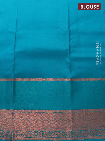 Pure kanjivaram silk saree light pink and teal green with zari woven buttas and thread & copper zari woven border