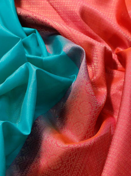 Pure kanjivaram silk saree teal blue and dual shade of pinkish orange with paisley zari woven buttas and zari woven border