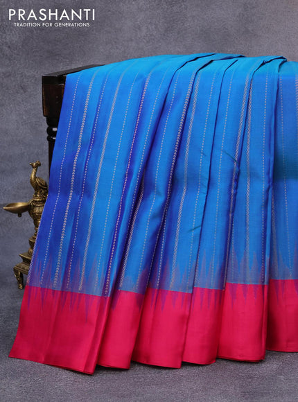 Pure kanjivaram silk saree dual shade of blue and pink with allover zari weaves and simple border