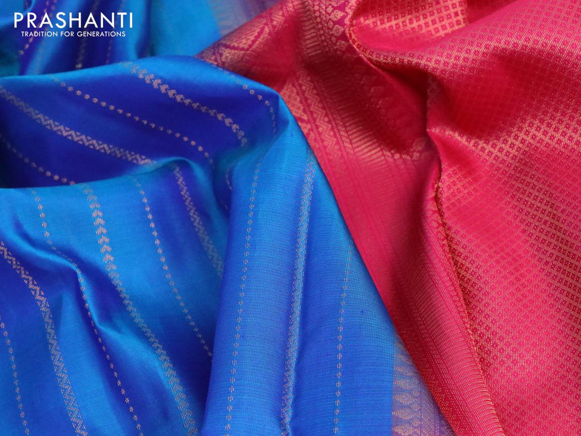 Pure kanjivaram silk saree dual shade of blue and pink with allover zari weaves and simple border