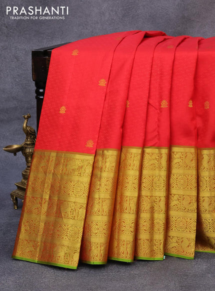 Pure kanjivaram silk saree red and light green with allover self emoss & zari buttas and long zari woven border