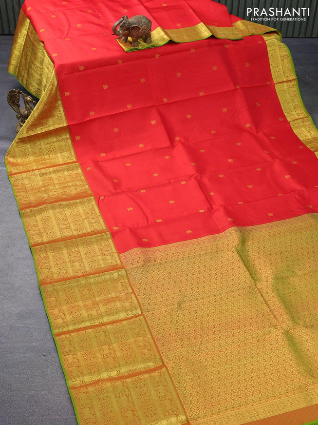 Pure kanjivaram silk saree red and light green with allover self emoss & zari buttas and long zari woven border