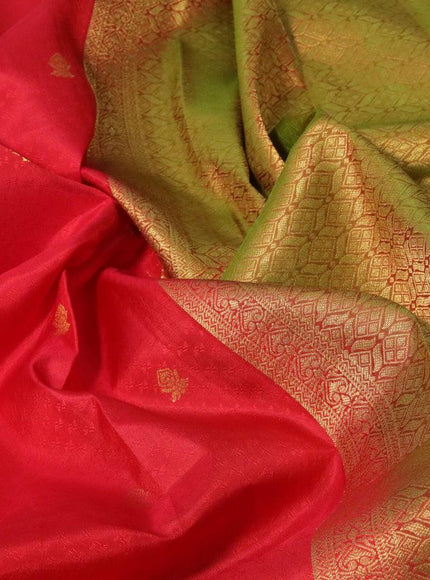 Pure kanjivaram silk saree red and light green with allover self emoss & zari buttas and long zari woven border