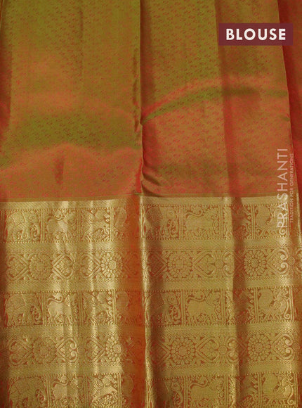 Pure kanjivaram silk saree red and light green with allover self emoss & zari buttas and long zari woven border