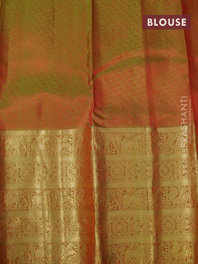 Pure kanjivaram silk saree red and light green with allover self emoss & zari buttas and long zari woven border