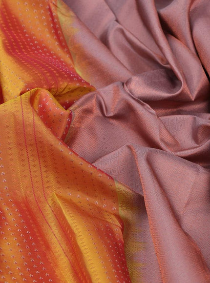 Pure kanjivaram silk saree dual shade of mustard yellow and grey shade with allover zari weaves in borderless style