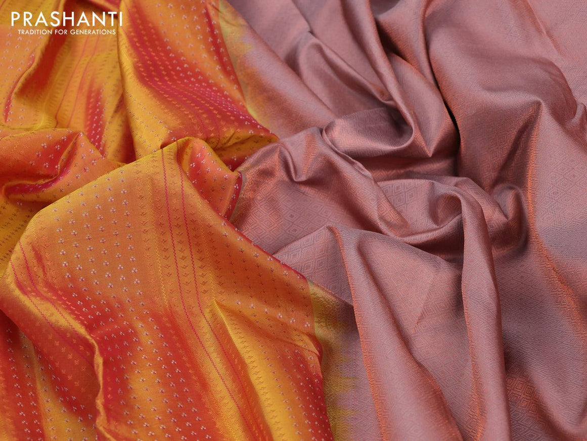 Pure kanjivaram silk saree dual shade of mustard yellow and grey shade with allover zari weaves in borderless style