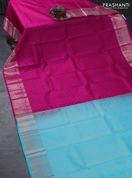 Pure kanjivaram silk saree pink and teal blue with allover self emboss & zari buttas and zari woven border