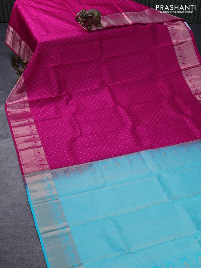 Pure kanjivaram silk saree pink and teal blue with allover self emboss & zari buttas and zari woven border