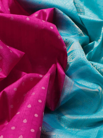 Pure kanjivaram silk saree pink and teal blue with allover self emboss & zari buttas and zari woven border